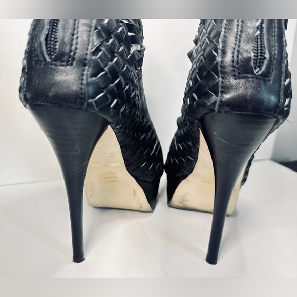 Mea Shadow Heels Gladiator Stiletto Platform BLACK Woven Leather SZ 6 - Picture 9 of 16